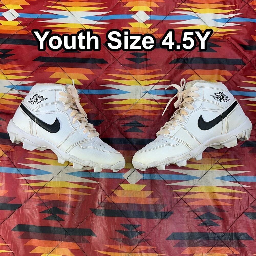 Nike Jordan 1 Mid White Black HF6883-100 Baseball Football Cleats Youth Sz 4.5Y